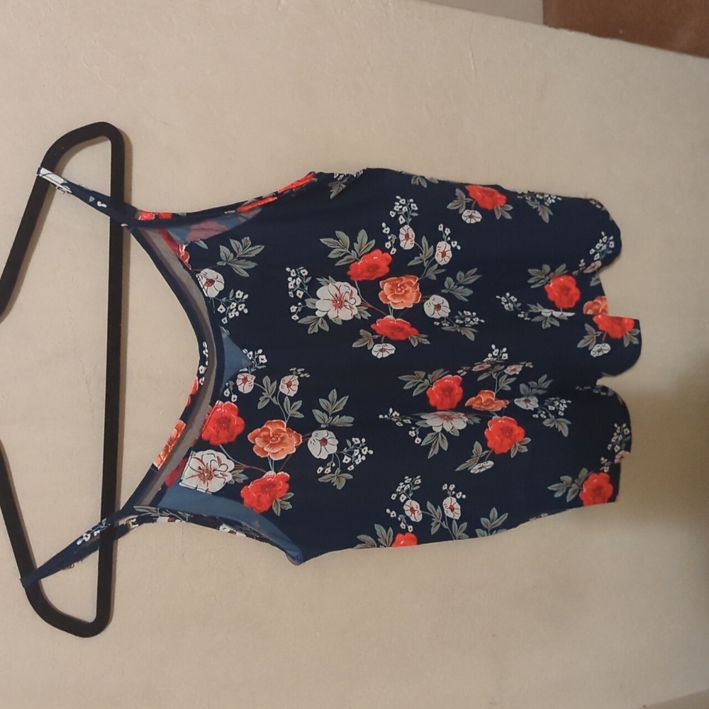 Dear lover, Blue floral print mesh cami tank